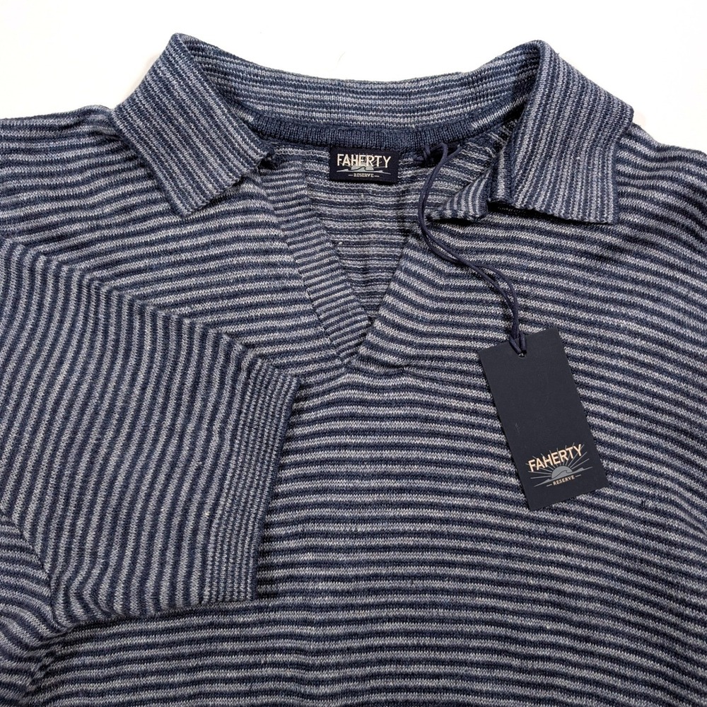 Faherty Reserve Mens SS Linen Sweater Polo Cayman Navy Stripe MYS2513 M New